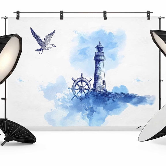 7x5ft Photo Backdrop, Nautical Lighthouse Soft Polyester Backdrop Curtains Photography Backdrops, Blue Summer Coastal Rudder Seagull Brushed Background for Photoshoots Studio Video Portrait Parties