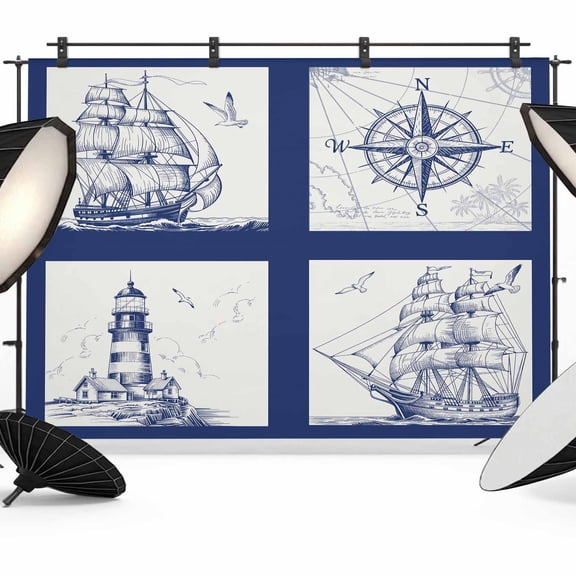 7x5ft Photo Backdrop, Nautical Navy Soft Polyester Backdrop Curtains Photography Backdrops, Blue Lighthouse Boat Compass Ocean Brushed Background for Photoshoots Studio Video Portrait Parties