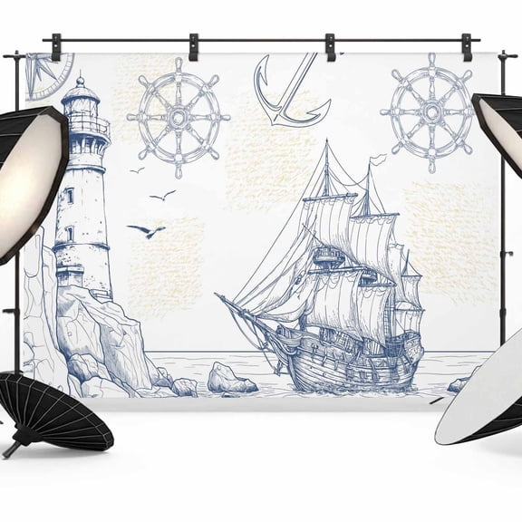 7x5ft Photo Backdrop, Nautical Ship Lighthouse Soft Polyester Backdrop Curtains Photography Backdrops, Ocean Anchor Rudder Lines Art Brushed Background for Photoshoots Studio Video Portrait Parties