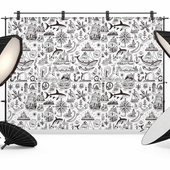 7x5ft Photo Backdrop, Nautical Soft Polyester Backdrop Curtains Photography Backdrops, Grey Anchor Rudder Compass Sailing Boat Brushed Background for Photoshoots Studio Video Portrait Parties