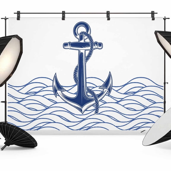 7x5ft Photo Backdrop, Navy Blue Anchor Soft Polyester Backdrop Curtains Photography Backdrops, Summer Nautical Coastal Ocean Wave Brushed Background for Photoshoots Studio Video Portrait Parties