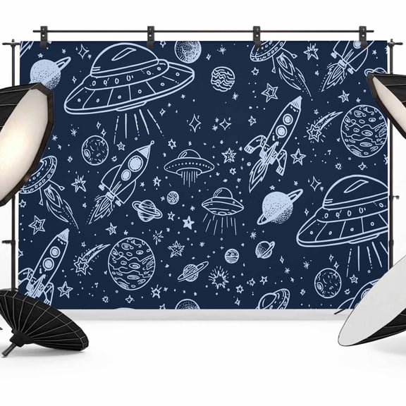 7x5ft Photo Backdrop, Navy Blue Cartoon Space Soft Polyester Backdrop Curtains Photography Backdrops, Star Spacecraft Rocket Meteorite Brushed Background for Photoshoots Studio Video Portrait Parties