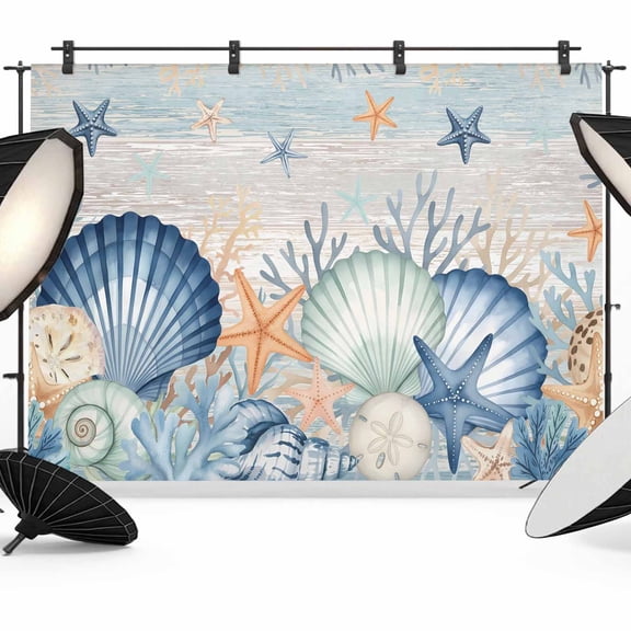 7x5ft Photo Backdrop, Navy Blue Coastal Soft Polyester Backdrop Curtains Photography Backdrops, Shell Starfish Coral Vintage Summer Beach Brushed Background for Photoshoots Studio Video Portrait