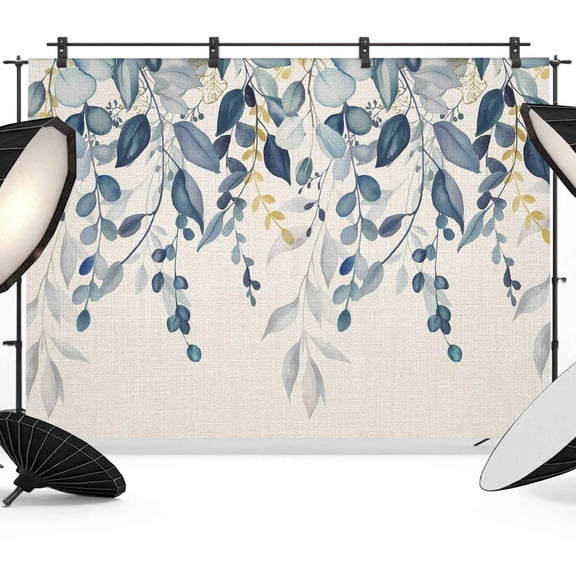 7x5ft Photo Backdrop, Navy Blue Eucalyptus Soft Polyester Backdrop Curtains Photography Backdrops, Farmhouse Weeping Leaves Linen Brushed Background for Photoshoots Studio Video Portrait Parties
