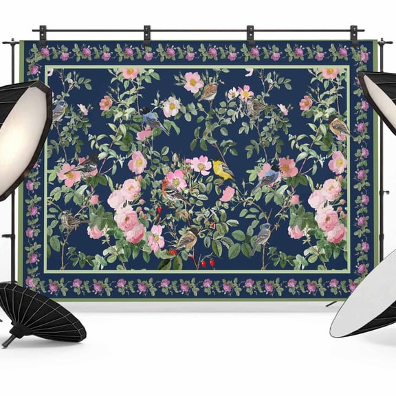 7x5ft Photo Backdrop, Navy Blue Flowers Soft Polyester Backdrop Curtains Photography Backdrops, Spring Floral Elegant Pastoral Botanical Brushed Background for Photoshoots Studio Portrait Parties