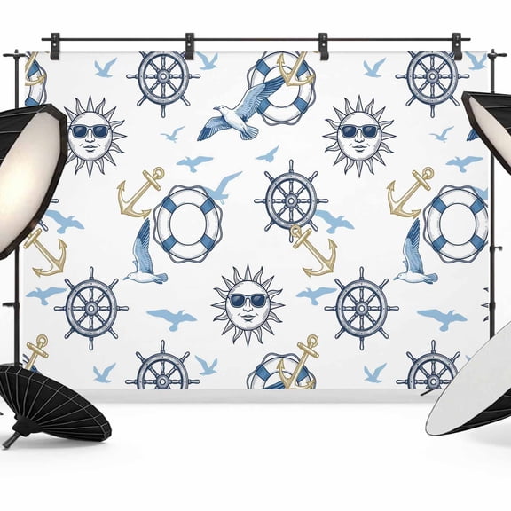 7x5ft Photo Backdrop, Navy Blue Nautical Soft Polyester Backdrop Curtains Photography Backdrops, Rudder Anchor Summer Animals Brushed Background for Photoshoots Studio Video Portrait Parties