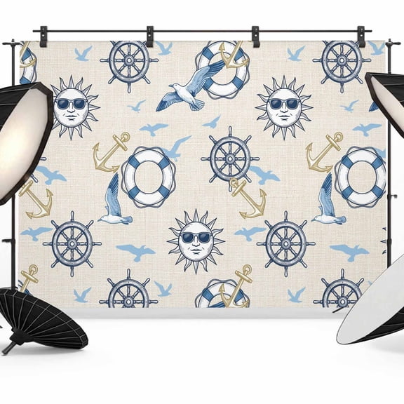 7x5ft Photo Backdrop, Navy Blue Rudder Anchor Soft Polyester Backdrop Curtains Photography Backdrops, Summer Animals Nautical Rustic Brushed Background for Photoshoots Studio Video Portrait Parties