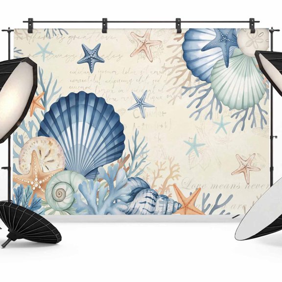 7x5ft Photo Backdrop, Navy Blue Shell Coastal Soft Polyester Backdrop Curtains Photography Backdrops, Beige Starfish Coral Summer Beach Brushed Background for Photoshoots Studio Video Portrait Party