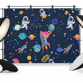 7x5ft Photo Backdrop, Navy Blue Space Soft Polyester Backdrop Curtains Photography Backdrops, Rocket Planet Star Colorful Brushed Background for Photoshoots Studio Video Portrait Parties
