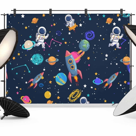 7x5ft Photo Backdrop, Navy Blue Space Soft Polyester Backdrop Curtains Photography Backdrops, Rocket Planet Star Colorful Brushed Background for Photoshoots Studio Video Portrait Parties