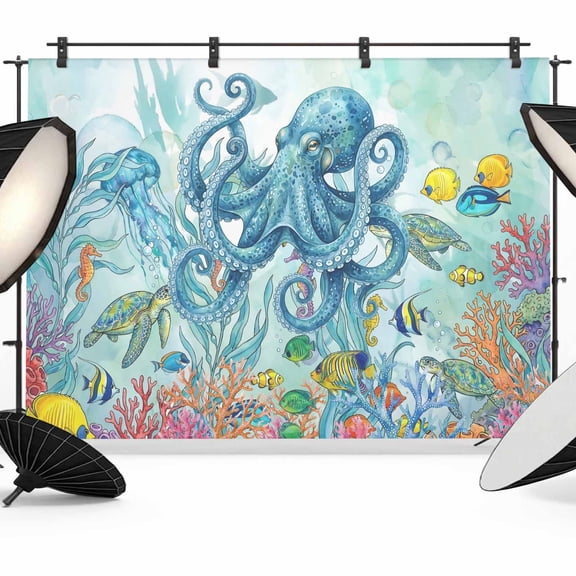 7x5ft Photo Backdrop, Ocean Animals Soft Polyester Backdrop Curtains Photography Backdrops, Coastal Octopus Jellyfish Seaweed Coral Green Brushed Background for Photoshoots Studio Video Portrait