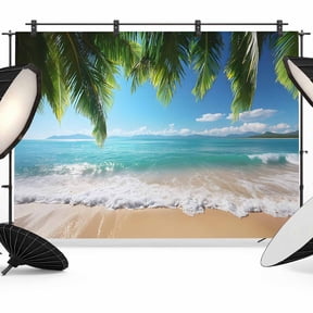 7x5ft Photo Backdrop, Ocean Beach Soft Polyester Backdrop Curtains Photography Backdrops, Palm Trees Summer Tropical Island Seaside Brushed Background for Photoshoots Studio Video Portrait Parties