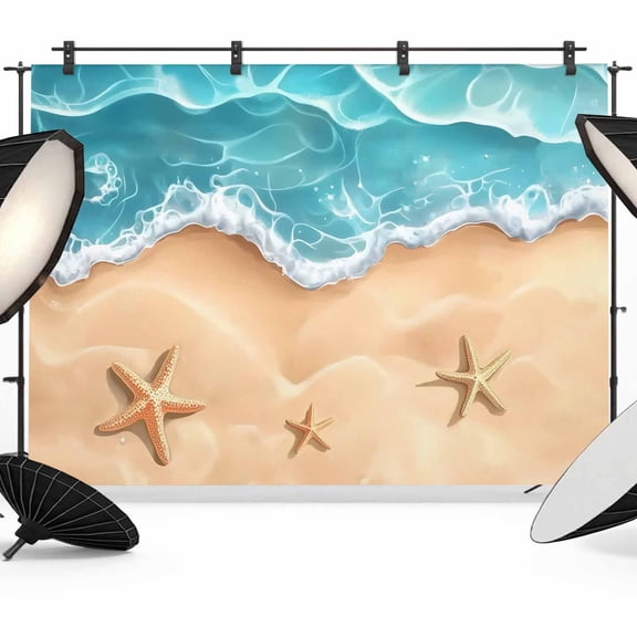 7x5ft Photo Backdrop, Ocean Beach Soft Polyester Backdrop Curtains Photography Backdrops, Starfish Sea Waves Coastal Seaside Sand Brushed Background for Photoshoots Studio Video Portrait Parties