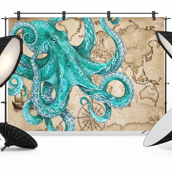 7x5ft Photo Backdrop, Ocean Blue Octopus Soft Polyester Backdrop Curtains Photography Backdrops, Coastal Anchor Sea Boat Retro World Map Brushed Background for Photoshoots Studio Video Portrait Party
