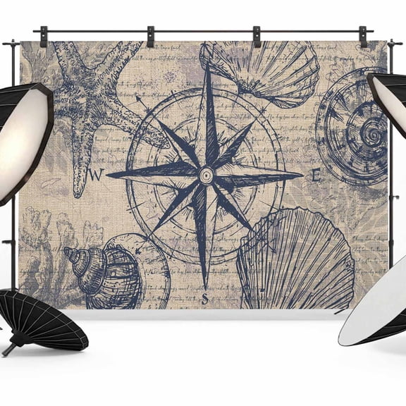 7x5ft Photo Backdrop, Ocean Compass Soft Polyester Backdrop Curtains Photography Backdrops, Vintage Coastal Starfish Shell Conch Beige Brushed Background for Photoshoots Studio Video Portrait Parties