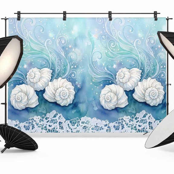 7x5ft Photo Backdrop, Ocean Conch Soft Polyester Backdrop Curtains Photography Backdrops, Dreamy Blue Sea Waves Coastal Abstract Brushed Background for Photoshoots Studio Video Portrait Parties