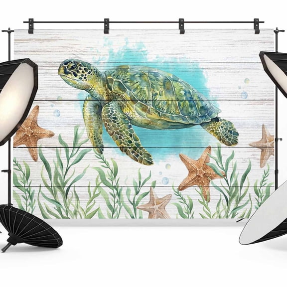 7x5ft Photo Backdrop, Ocean Green Turtles Soft Polyester Backdrop Curtains Photography Backdrops, Coastal Starfish Seagrass Rustic Wooden Brushed Background for Photoshoots Studio Video Portrait
