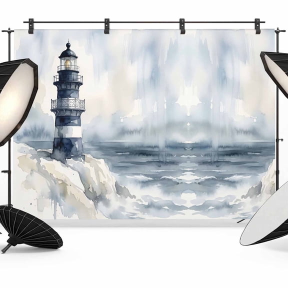 7x5ft Photo Backdrop, Ocean Lighthouse Soft Polyester Backdrop Curtains Photography Backdrops, Watercolor Blue Sea Waves Coastal Foggy Brushed Background for Photoshoots Studio Video Portrait Parties