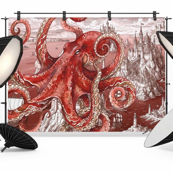 7x5ft Photo Backdrop, Ocean Red Octopus Soft Polyester Backdrop Curtains Photography Backdrops, Nautical Castle Coastal Lighthouse Brushed Background for Photoshoots Studio Video Portrait Parties