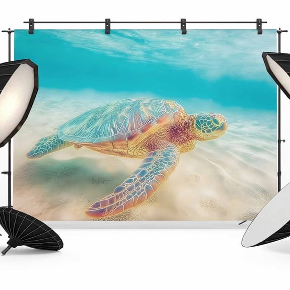 7x5ft Photo Backdrop, Ocean Turtle Soft Polyester Backdrop Curtains Photography Backdrops, Nautical Coastal Underwater Animal Beach Blue Brushed Background for Photoshoots Studio Video Portrait Party