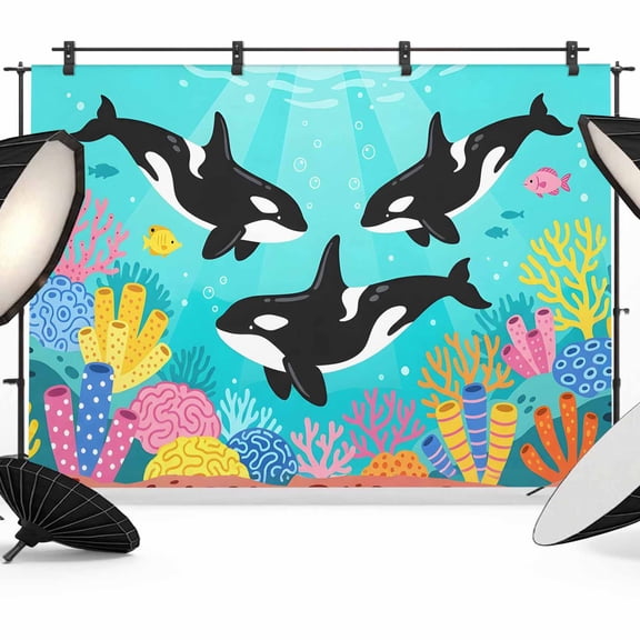 7x5ft Photo Backdrop, Ocean Whales Soft Polyester Backdrop Curtains Photography Backdrops, Summer Coastal Sea Corals Teal Turquoise Brushed Background for Photoshoots Studio Video Portrait Parties