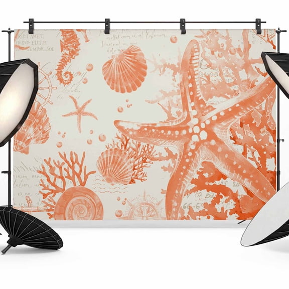 7x5ft Photo Backdrop, Orange Coastal Starfish Soft Polyester Backdrop Curtains Photography Backdrops, Farmhouse Nautical Coral Conch Brushed Background for Photoshoots Studio Video Portrait Parties