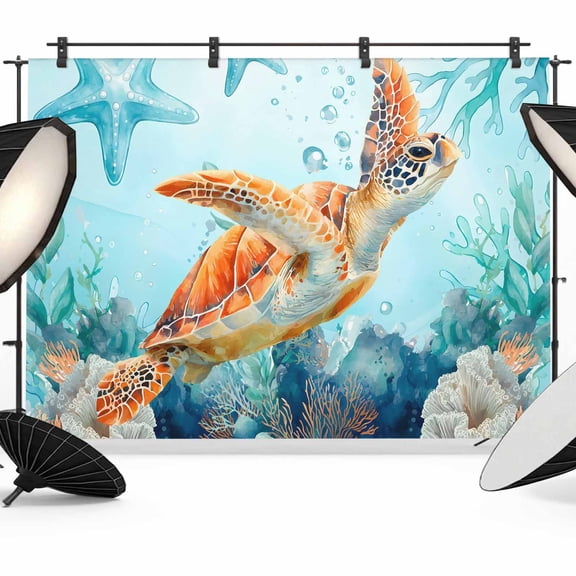 7x5ft Photo Backdrop, Orange Sea Turtles Soft Polyester Backdrop Curtains Photography Backdrops, Summer Ocean Starfish Corals Teal Brushed Background for Photoshoots Studio Video Portrait Parties