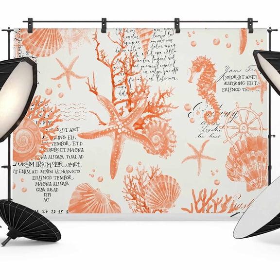 7x5ft Photo Backdrop, Orange Starfish Soft Polyester Backdrop Curtains Photography Backdrops, Rustic Ocean Coastal Shells Conch Coral Brushed Background for Photoshoots Studio Video Portrait Parties