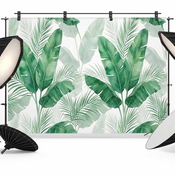7x5ft Photo Backdrop, Palm Leaves Soft Polyester Backdrop Curtains Photography Backdrops, Summer Tropical Banana Leaf Simple Light Green Brushed Background for Photoshoots Studio Video Portrait Party