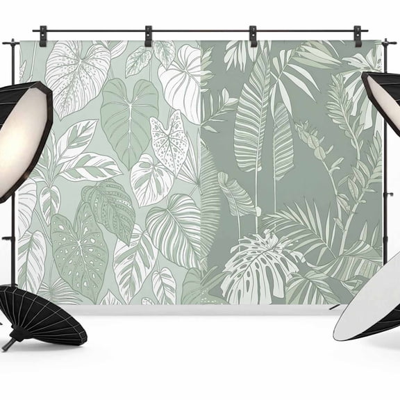 7x5ft Photo Backdrop, Palm Leaves Soft Polyester Backdrop Curtains Photography Backdrops, Tropical Botanical Monstera Leaf Light Green Brushed Background for Photoshoots Studio Video Portrait Parties