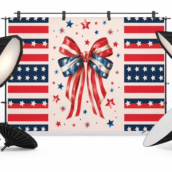 7x5ft Photo Backdrop, Patriotic USA Flag Soft Polyester Backdrop Curtains Photography Backdrops, Memorial Day Ribbon Bow 4th of July Brushed Background for Photoshoots Studio Video Portrait Parties