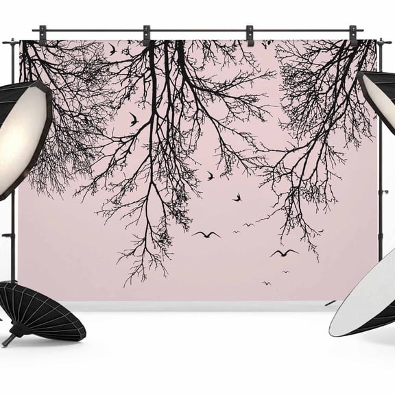 7x5ft Photo Backdrop, Pink Black Branches Soft Polyester Backdrop Curtains Photography Backdrops, Botanical Dead Tree Birds Brushed Background for Photoshoots Studio Video Portrait Parties
