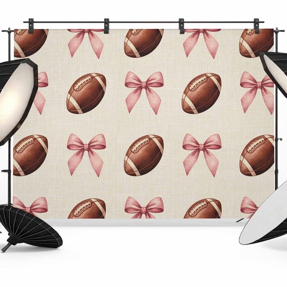 7x5ft Photo Backdrop, Pink Bow Football Soft Polyester Backdrop Curtains Photography Backdrops, Modern Game Balls Retro Burlap Brushed Background for Photoshoots Studio Video Portrait Parties