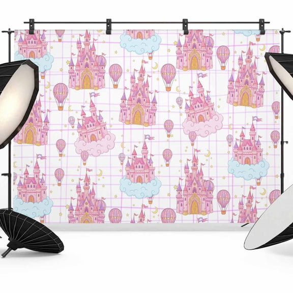 7x5ft Photo Backdrop, Pink Castle Soft Polyester Backdrop Curtains Photography Backdrops, Balloon Modern Art Stars Moon Brushed Background for Photoshoots Studio Video Portrait Parties