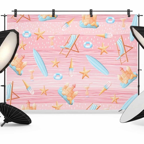 7x5ft Photo Backdrop, Pink Coastal Beach Soft Polyester Backdrop Curtains Photography Backdrops, Ocean Seaside Surfboards Starfish Brushed Background for Photoshoots Studio Video Portrait Parties