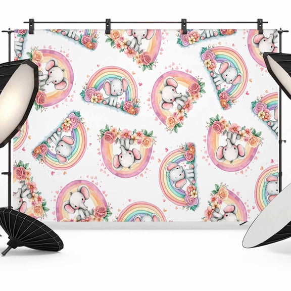 7x5ft Photo Backdrop, Pink Cute Elephant Soft Polyester Backdrop Curtains Photography Backdrops, Spring Floral Botanical Rainbow Brushed Background for Photoshoots Studio Video Portrait Parties