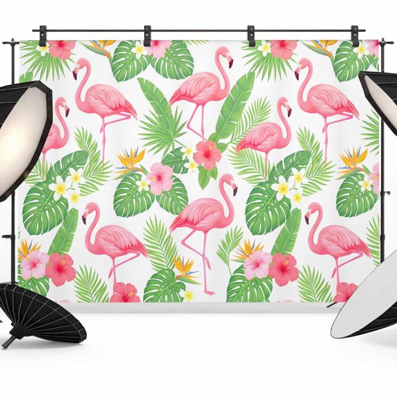 7x5ft Photo Backdrop, Pink Flamingo Soft Polyester Backdrop Curtains Photography Backdrops, Summer Green Monstera Leaf Botanical Brushed Background for Photoshoots Studio Video Portrait Parties