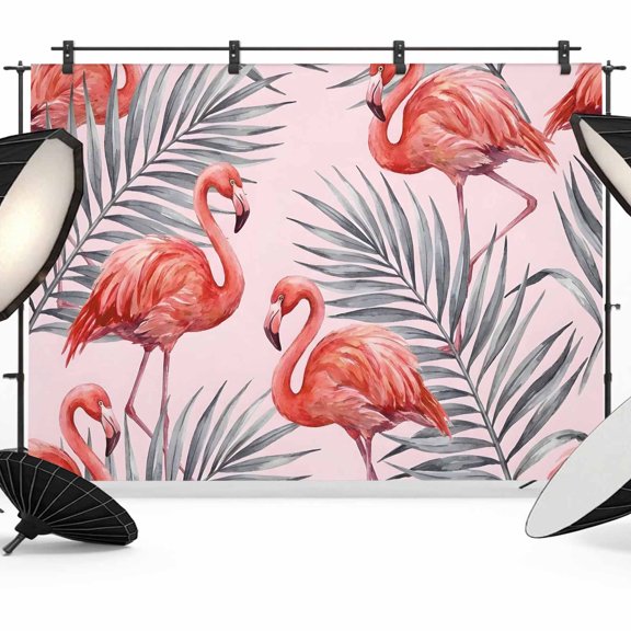 7x5ft Photo Backdrop, Pink Flamingo Soft Polyester Backdrop Curtains Photography Backdrops, Summer Tropical Palm Leaves Elegant Brushed Background for Photoshoots Studio Video Portrait Parties