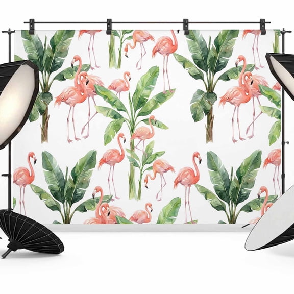 7x5ft Photo Backdrop, Pink Flamingo Soft Polyester Backdrop Curtains Photography Backdrops, Summer Tropical Palm Tree Modern Art Brushed Background for Photoshoots Studio Video Portrait Parties