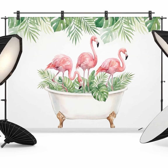 7x5ft Photo Backdrop, Pink Flamingo Soft Polyester Backdrop Curtains Photography Backdrops, Tropical Summer Bathtub Palm Leaves Funny Brushed Background for Photoshoots Studio Video Portrait Parties