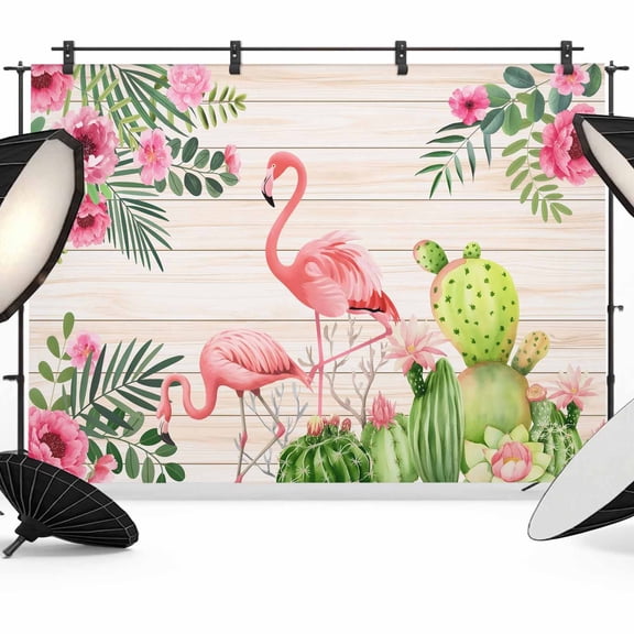 7x5ft Photo Backdrop, Pink Flamingos Soft Polyester Backdrop Curtains Photography Backdrops, Summer Tropical Flowers Cactus Wooden Brushed Background for Photoshoots Studio Video Portrait Parties