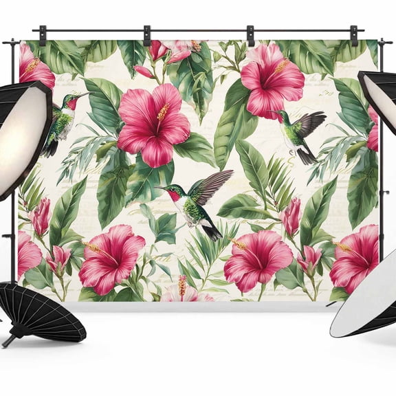 7x5ft Photo Backdrop, Pink Flowers Soft Polyester Backdrop Curtains Photography Backdrops, Spring Floral Green Botanical Birds Watercolor Brushed Background for Photoshoots Studio Video Portrait