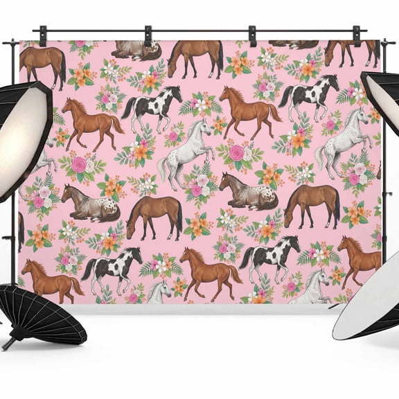 7x5ft Photo Backdrop, Pink Horse Soft Polyester Backdrop Curtains Photography Backdrops, Rustic Spring Floral Summer Botanical Brushed Background for Photoshoots Studio Video Portrait Parties