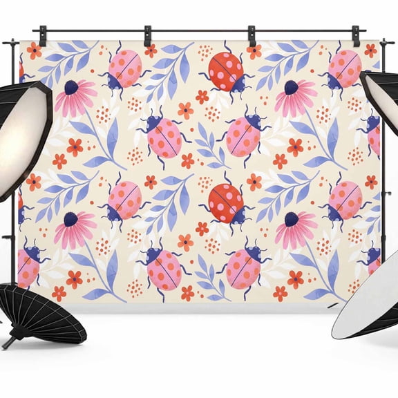 7x5ft Photo Backdrop, Pink Ladybugs Soft Polyester Backdrop Curtains Photography Backdrops, Rustic Daisy Flowers Leaves Pastoral Beige Brushed Background for Photoshoots Studio Video Portrait Parties