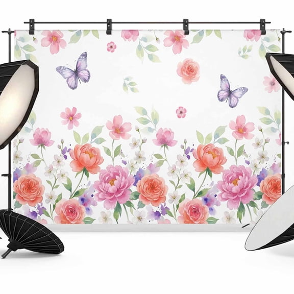 7x5ft Photo Backdrop, Pink Orange Roses Soft Polyester Backdrop Curtains Photography Backdrops, Farmhouse Spring Summer Flowers Butterfly Brushed Background for Photoshoots Studio Video Portrait