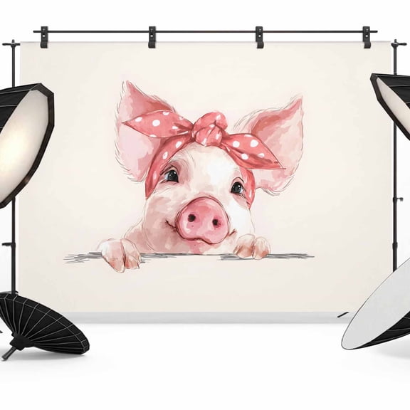 7x5ft Photo Backdrop, Pink Pig Soft Polyester Backdrop Curtains Photography Backdrops, Cartoon Watercolor Animals Printed Bows Brushed Background for Photoshoots Studio Video Portrait Parties