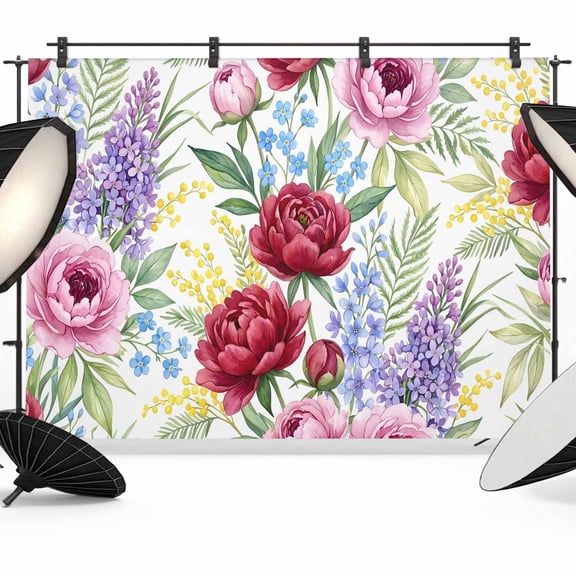 7x5ft Photo Backdrop, Pink Red Floral Soft Polyester Backdrop Curtains Photography Backdrops, Farmhouse Botanical Flowers Watercolor Brushed Background for Photoshoots Studio Video Portrait Parties