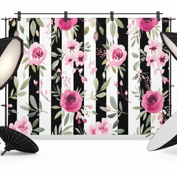 7x5ft Photo Backdrop, Pink Roses Soft Polyester Backdrop Curtains Photography Backdrops, Romantic Flowers Leaves Floral Black Stripes Brushed Background for Photoshoots Studio Video Portrait Parties