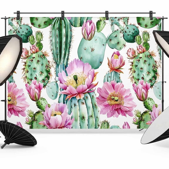 7x5ft Photo Backdrop, Pink Succulent Soft Polyester Backdrop Curtains Photography Backdrops, Green Cactus Watercolor Pastoral Brushed Background for Photoshoots Studio Video Portrait Parties