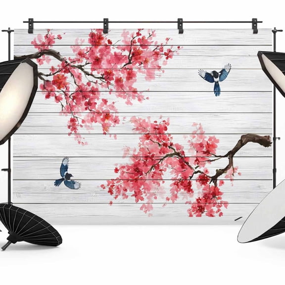 7x5ft Photo Backdrop, Plum Blossom Soft Polyester Backdrop Curtains Photography Backdrops, Red Spring Floral Birds Vintage Wooden Brushed Background for Photoshoots Studio Video Portrait Parties